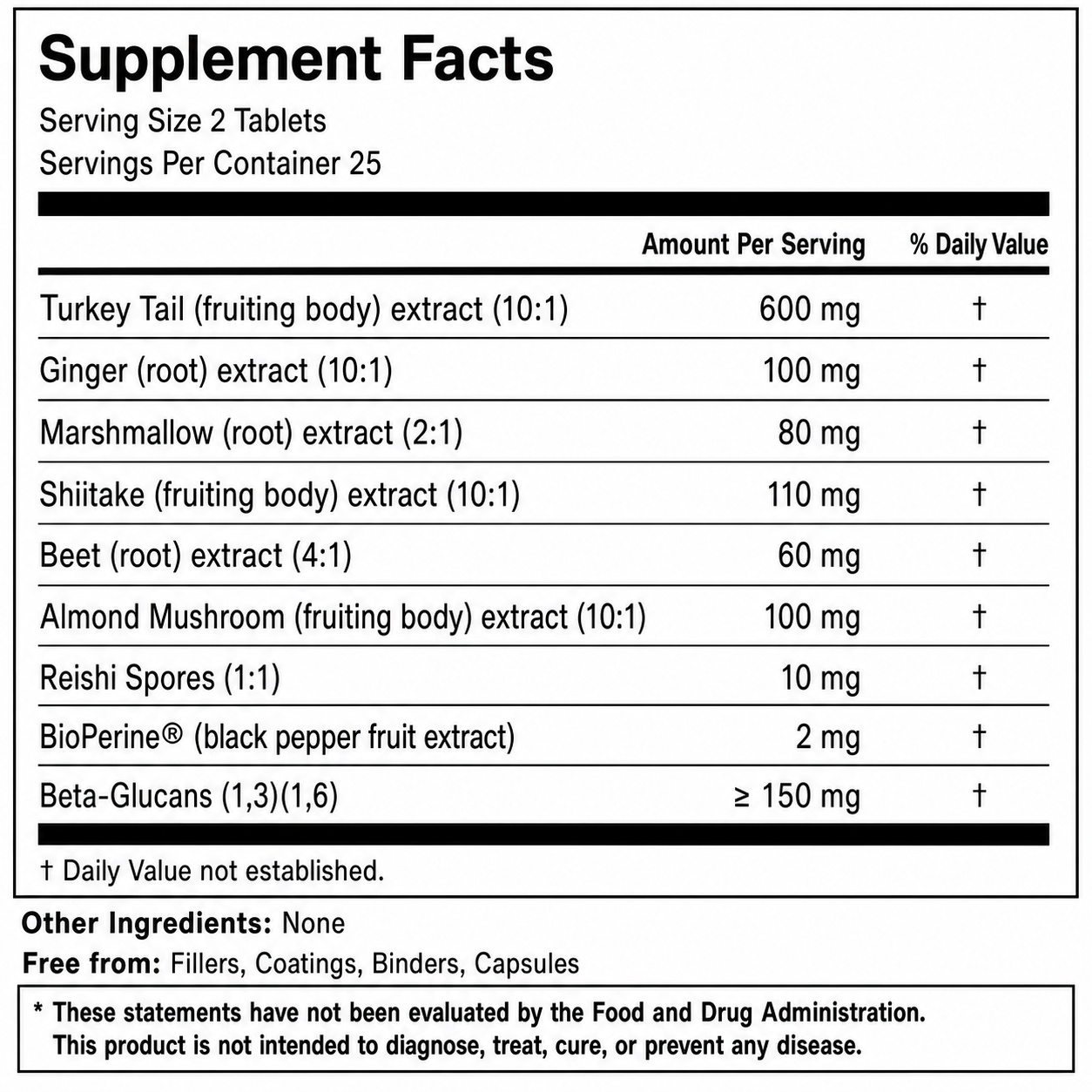 Gut Feeling Supplement Facts. Serving size: 2 tablets; 25 servings per container. Each serving contains turkey tail fruiting body extract 10:1, 600 mg; ginger root extract 10:1, 100 mg; marshmallow root extract 2:1, 80 mg; shiitake fruiting body extract 10:1, 110 mg; beet root extract 4:1, 60 mg; almond mushroom fruiting body extract 10:1, 100 mg; reishi spores 1:1, 10 mg; BioPerine black pepper fruit extract, 2 mg; and at least 150 mg of beta-glucans 1,3 and 1,6. Daily values are not established. No other