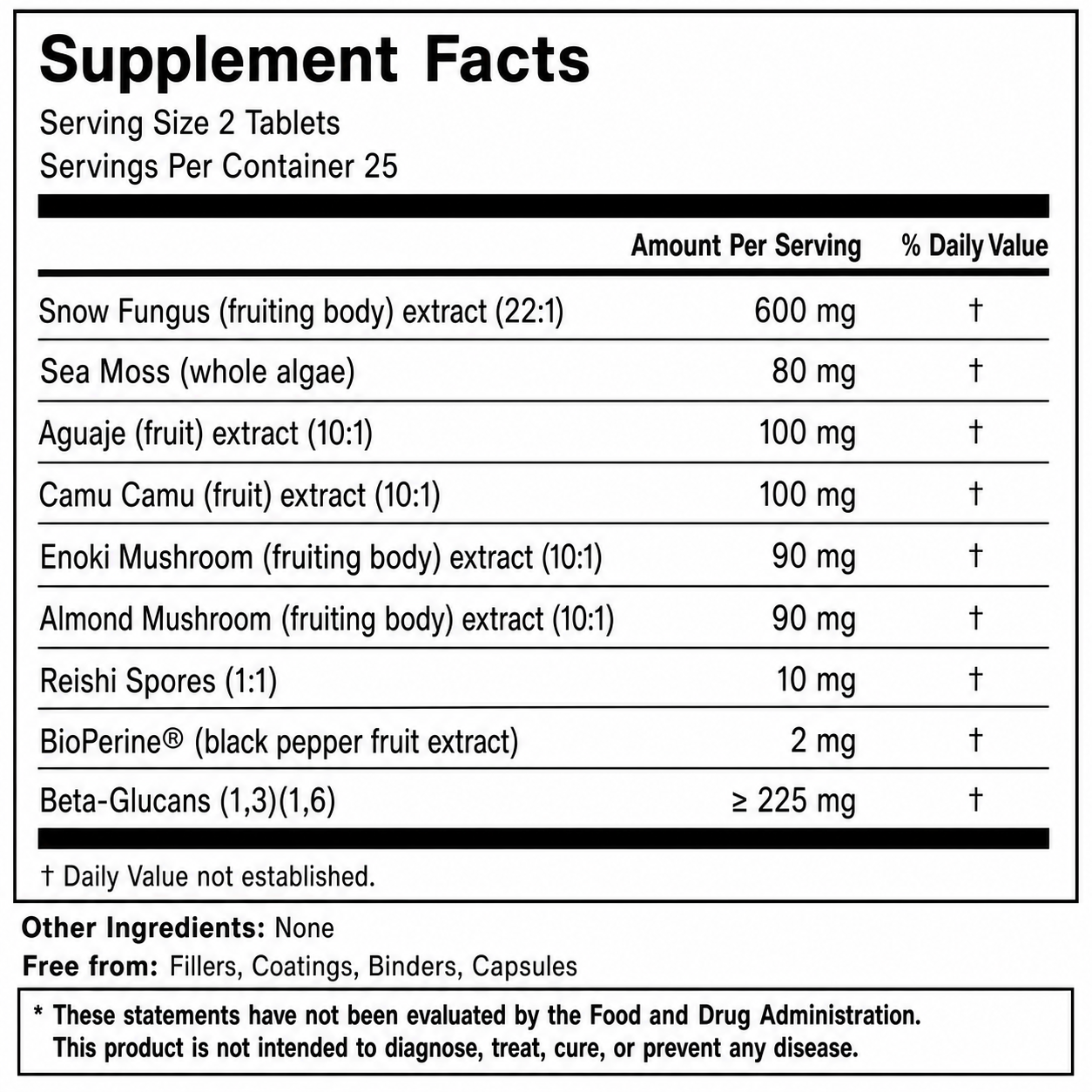 Barrier Repair Supplement Facts. Serving size: 2 tablets; 25 servings per container. Each serving contains snow fungus fruiting body extract 22:1, 600 mg; sea moss whole algae, 80 mg; aguaje fruit extract 10:1, 100 mg; camu camu fruit extract 10:1, 100 mg; enoki mushroom fruiting body extract 10:1, 90 mg; almond mushroom fruiting body extract 10:1, 90 mg; reishi spores 1:1, 10 mg; BioPerine black pepper fruit extract, 2 mg; and at least 225 mg of beta-glucans 1,3 and 1,6. Daily values are not established. N