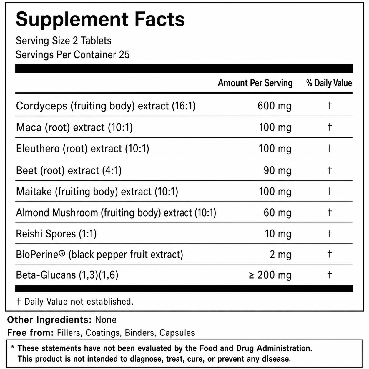 Fungtio Vital Energy Supplement Facts: serving size 2 tablets, 25 servings. Per serving: 600 mg cordyceps, 100 mg maca, 100 mg eleuthero, 90 mg beet root, 100 mg maitake, 60 mg almond mushroom, 10 mg reishi spores, 2 mg BioPerine, and at least 200 mg beta-glucans. Daily Values are not established; no other ingredients.