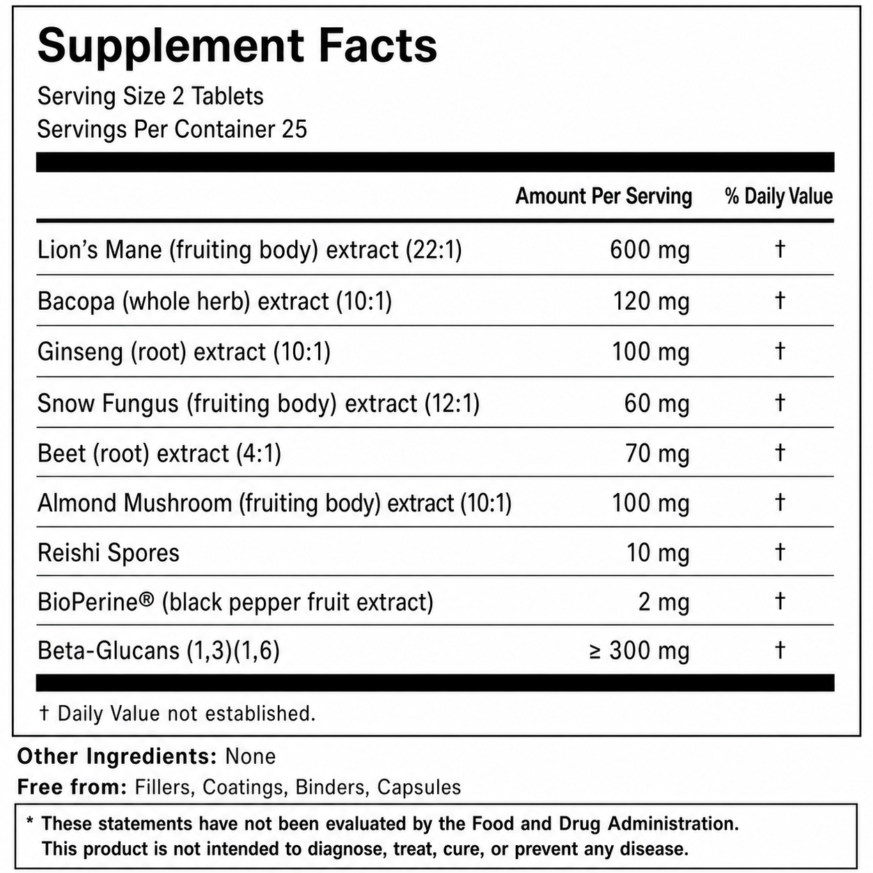 Fungtio Cognitive Clarity Lion’s Mane 22:1 Supplement Facts for the 50-tablet size: serving size 2 tablets, 25 servings. Per serving: 600 mg lion’s mane, 120 mg bacopa, 100 mg ginseng, 60 mg snow fungus, 70 mg beet root, 100 mg almond mushroom, 10 mg reishi spores, 2 mg BioPerine, and at least 300 mg beta-glucans.