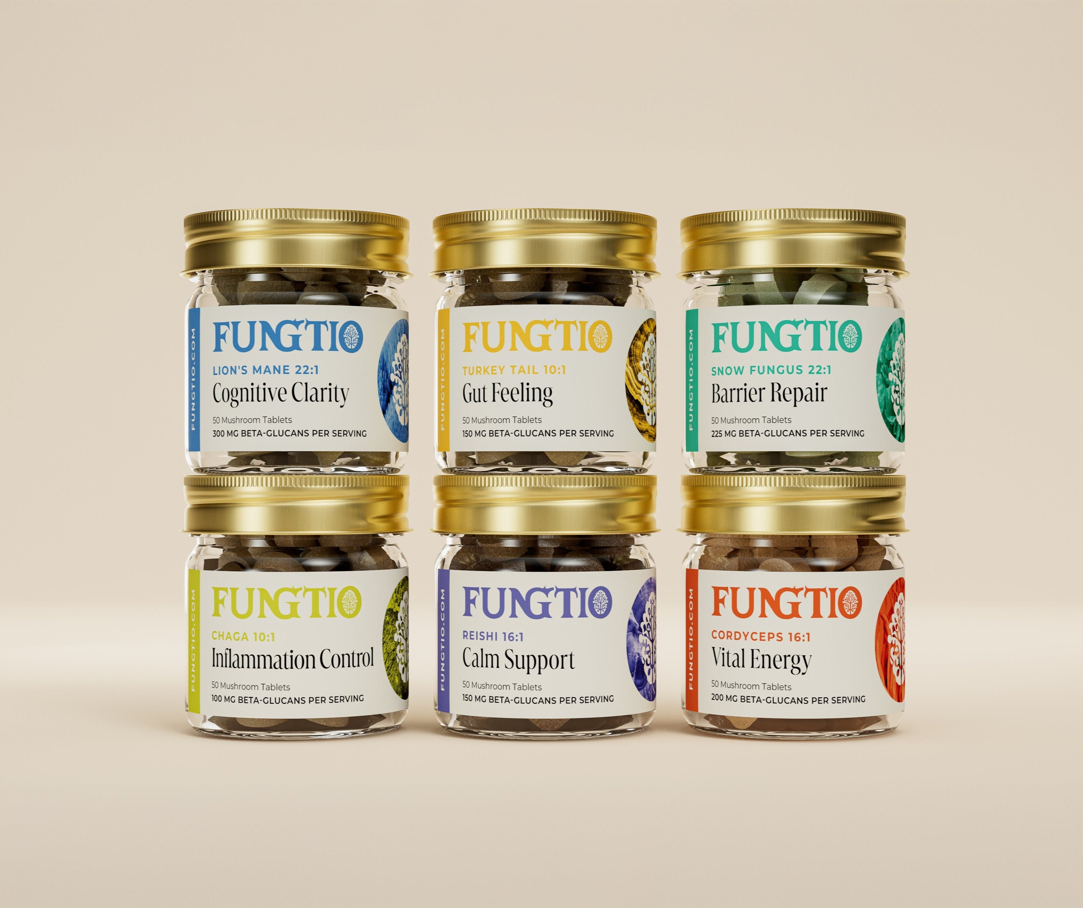 Six jars of Fungtio supplements on a beige background