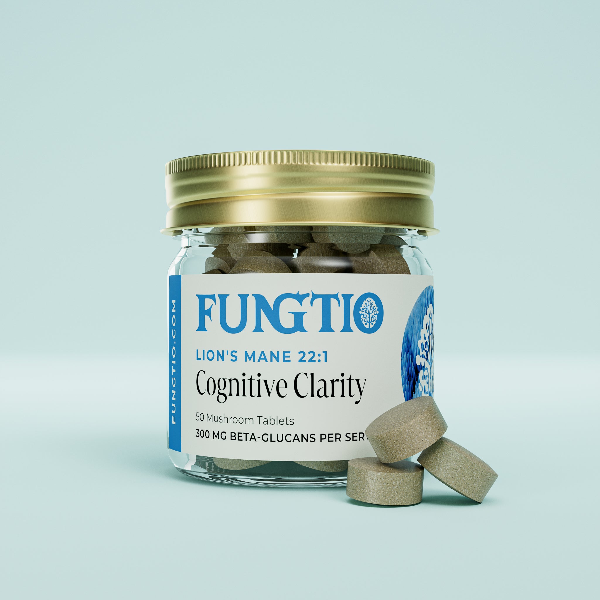Fungtio Lion’s Mane 22:1 Cognitive Clarity mushroom supplement, 50-tablet jar with 300 mg beta-glucans per serving.