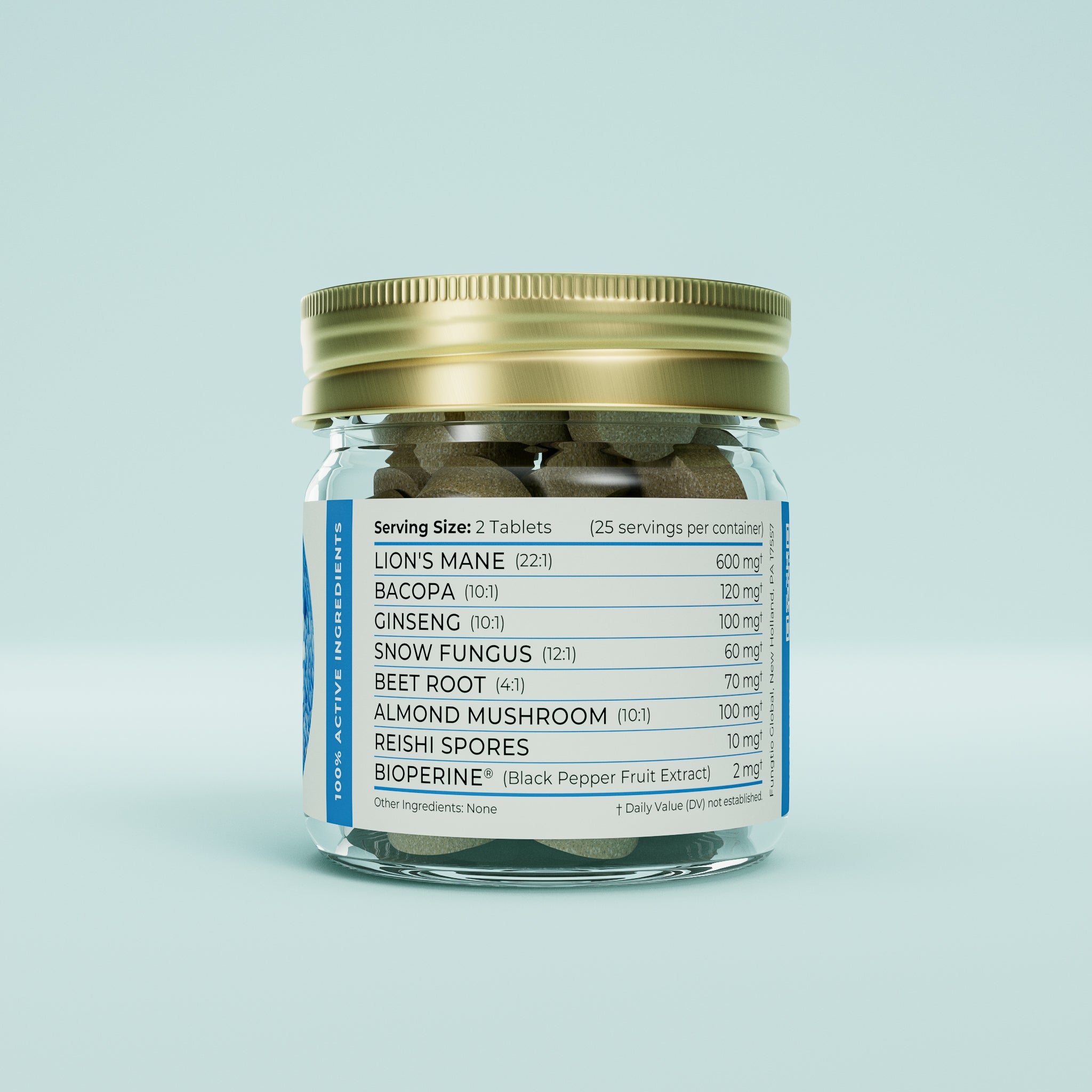 Back label of Fungtio Lion’s Mane Cognitive Clarity showing a two-tablet serving with 600 mg lion’s mane, 120 mg bacopa, 100 mg ginseng, 60 mg snow fungus, 70 mg beet root, 100 mg almond mushroom, 10 mg reishi spores, and 2 mg BioPerine.
