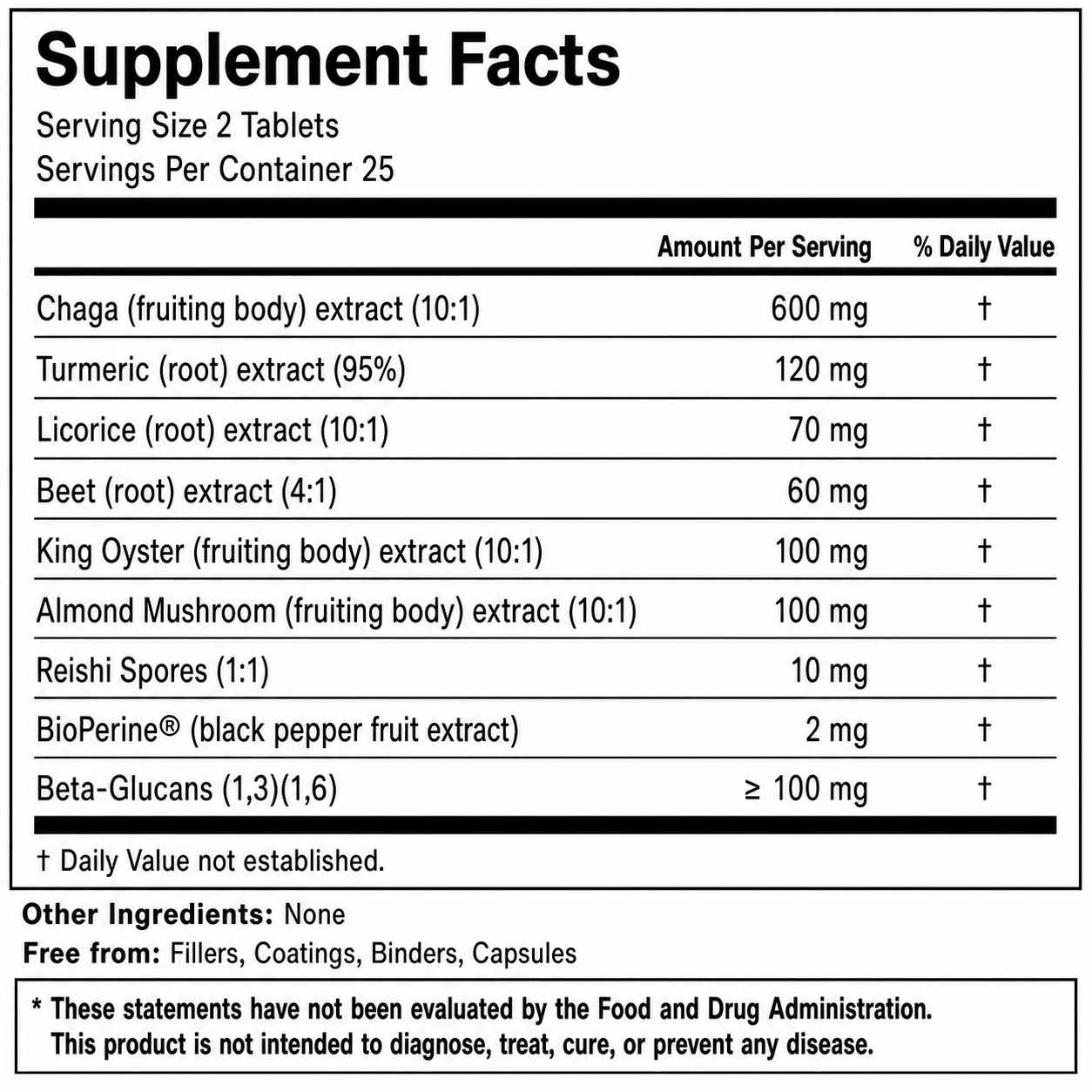 Inflammation Control Supplement Facts panel. Serving size: 2 tablets; 25 servings per container. Amounts per serving: chaga fruiting body extract 10:1, 600 mg; turmeric root extract standardized to 95% curcuminoids, 120 mg; licorice root extract 10:1, 70 mg; beet root extract 4:1, 60 mg; king oyster fruiting body extract 10:1, 100 mg; almond mushroom fruiting body extract 10:1, 100 mg; reishi spores 1:1, 10 mg; and BioPerine black pepper fruit extract, 2 mg. Contains at least 100 mg of beta-1,3/1,6-glucans 
